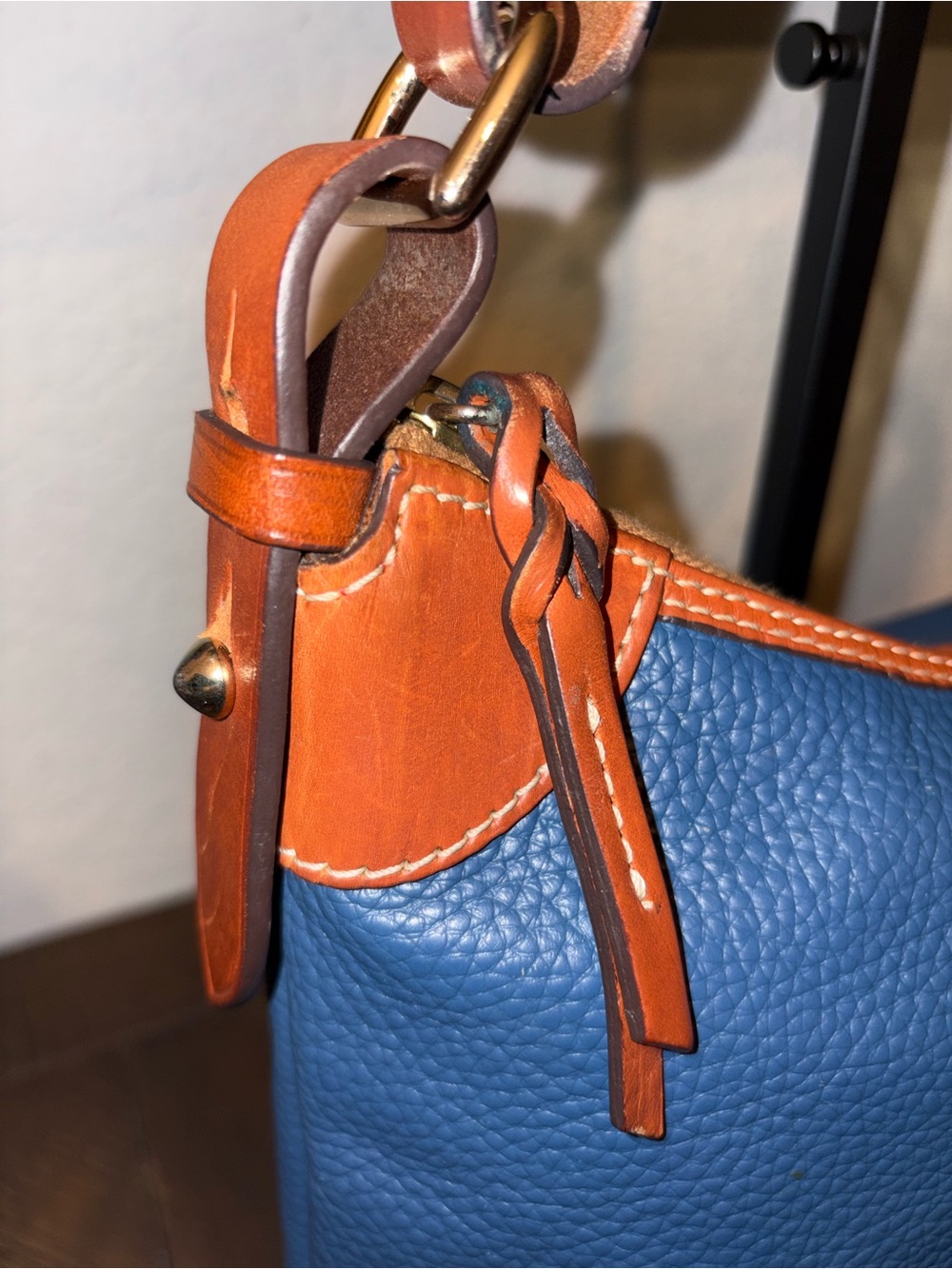 Dooney & Bourke Pebbled Leather Hobo Shoulder Bag – Blue with British Tan Trim - Picture 5 of 13